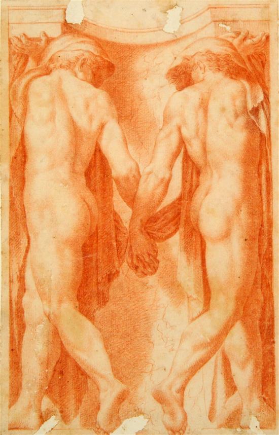 Old Master Classical nudes holding hands, 9 x 5.75in., unframed